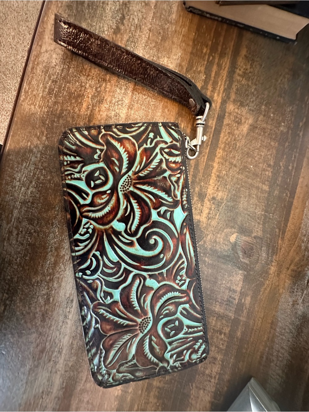 Tooled Floral Leather Wristlet Wallet - Brown & Turquoise